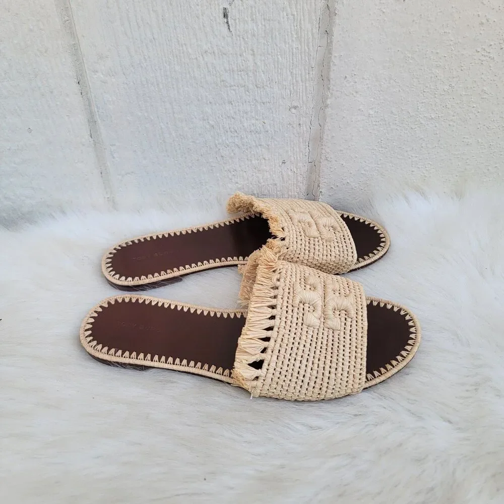 Tory Burch Eleanor Raffia Woven Beige Fringe Slide Sandal Sz 9 Beachy Coastal